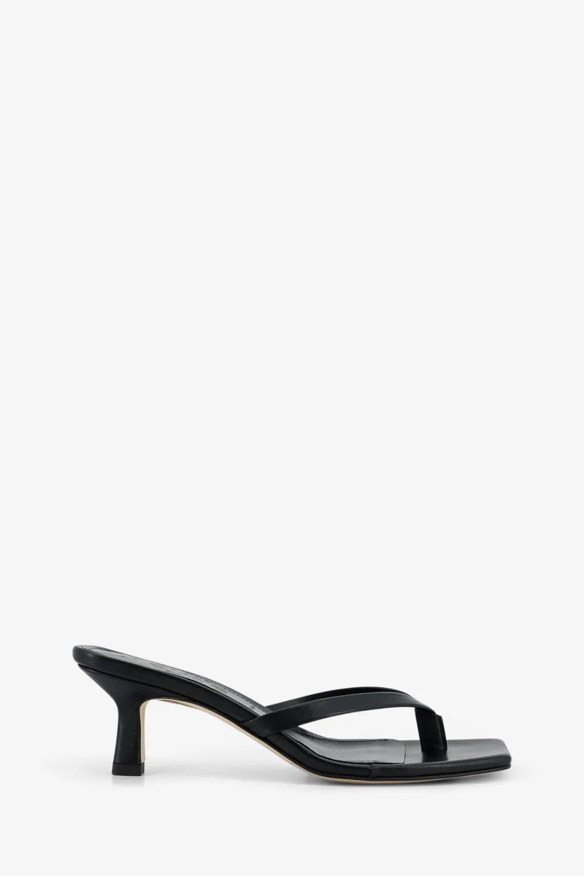 Aeyde women’s Wilma black leather mule sandal with square toe and low block heel shown from the back side