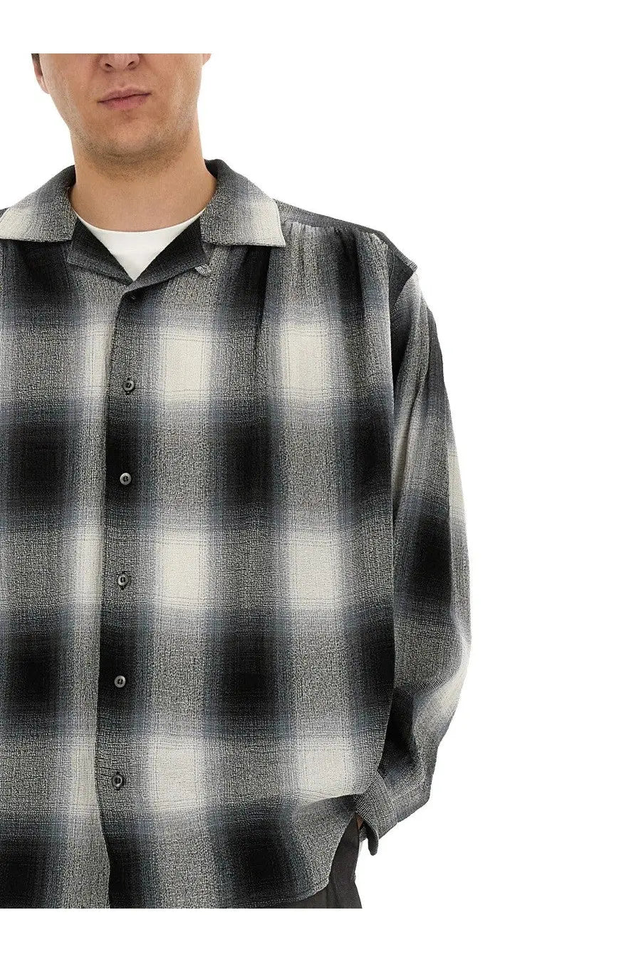 AïE men’s cotton shirt white featuring a black and white gradient plaid pattern with textured fabric finish