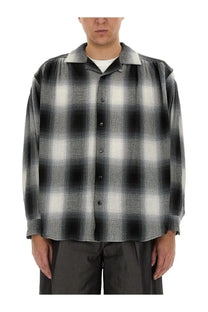 Aïe men’s white cotton shirt with black and white plaid pattern and slightly textured fabric button-up design