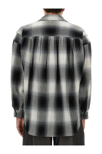 Aïe men’s cotton shirt white showing the back side with black and white plaid long sleeves and gathered back panel
