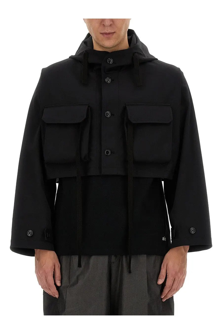 AïE men’s cropped black hooded jacket with button closures and two large front pockets