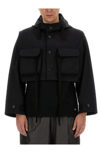 AïE men’s cropped black hooded jacket with button closures and two large front pockets