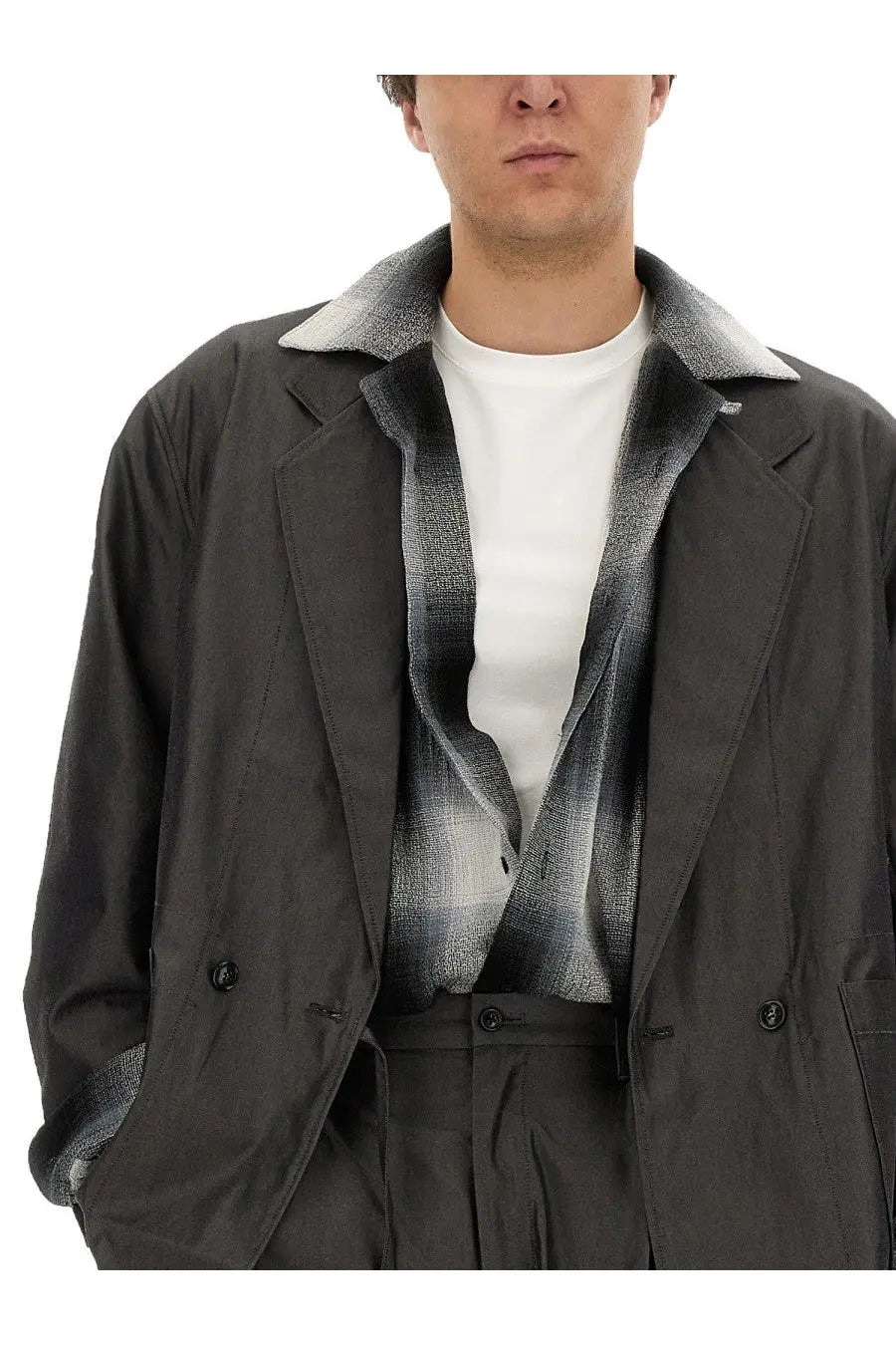 AïE men’s oversize dark gray double-breasted jacket with textured gradient-lined collar and cuffs