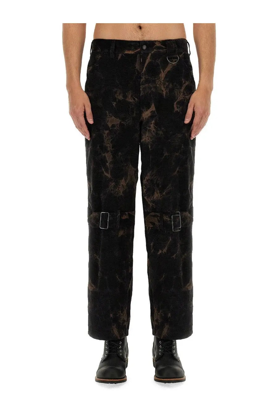 AïE men’s ribbed pants black with black and brown tie-dye cargo style and silver-toned buckle details