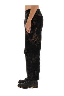 Aïe men’s ribbed black tie-dye cargo pants with dark brown gray marbled patterns and multiple utility pockets