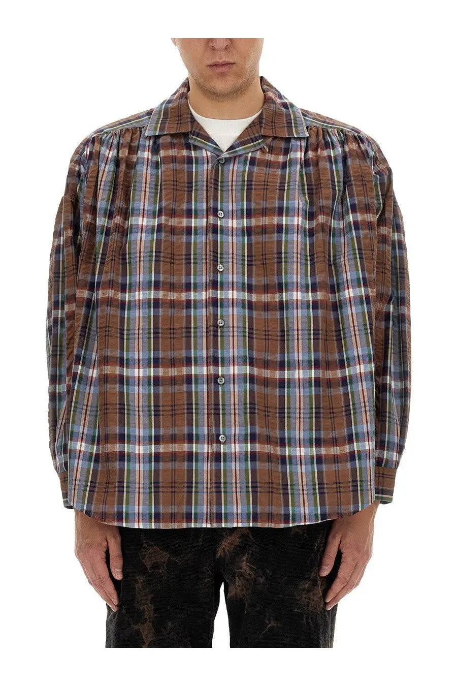 AïE men’s relaxed fit plaid button-up seersucker cotton shirt in brown blue and white