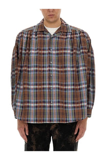 AïE men’s relaxed fit plaid button-up seersucker cotton shirt in brown blue and white
