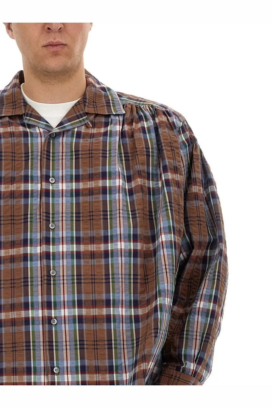 AïE men’s seersucker cotton shirt blue with brown blue and white plaid long sleeves and slightly puffed collar