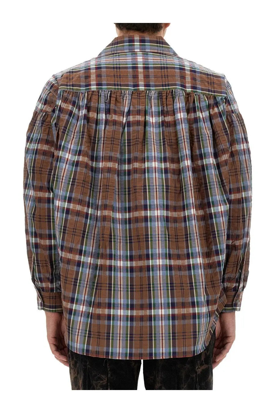 Aïe men’s seersucker cotton shirt blue with brown blue and white plaid long sleeves shown from the back with gathered detail