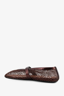Alaïa women’s ballet flats in bronze mesh with a brown leather strap across the instep