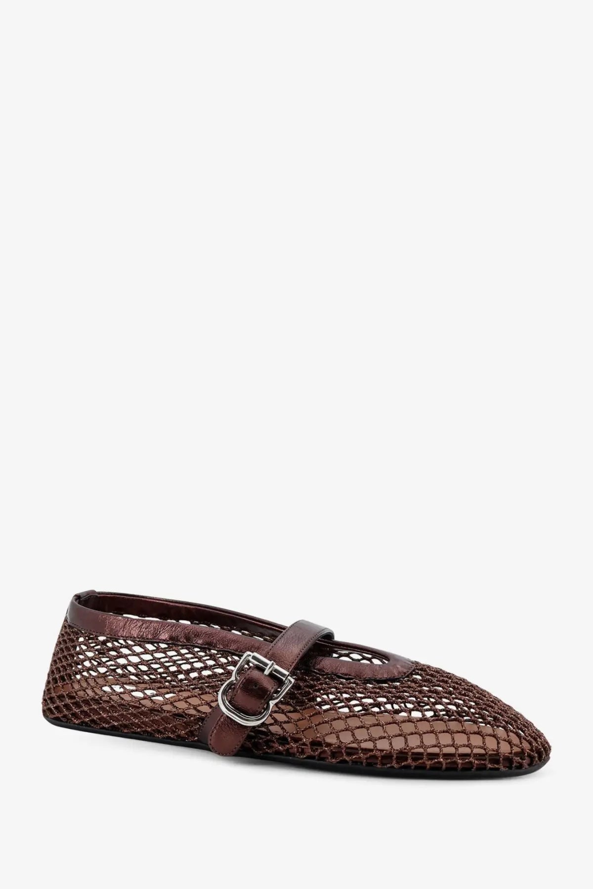 Alaïa women’s ballet flats in bronze mesh and leather with a brown woven design and metallic buckle strap