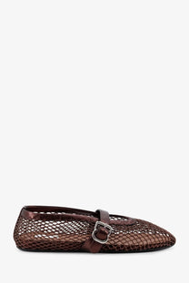 Alaïa women’s brown ballet flats in woven mesh and leather with a metallic buckle strap in bronze