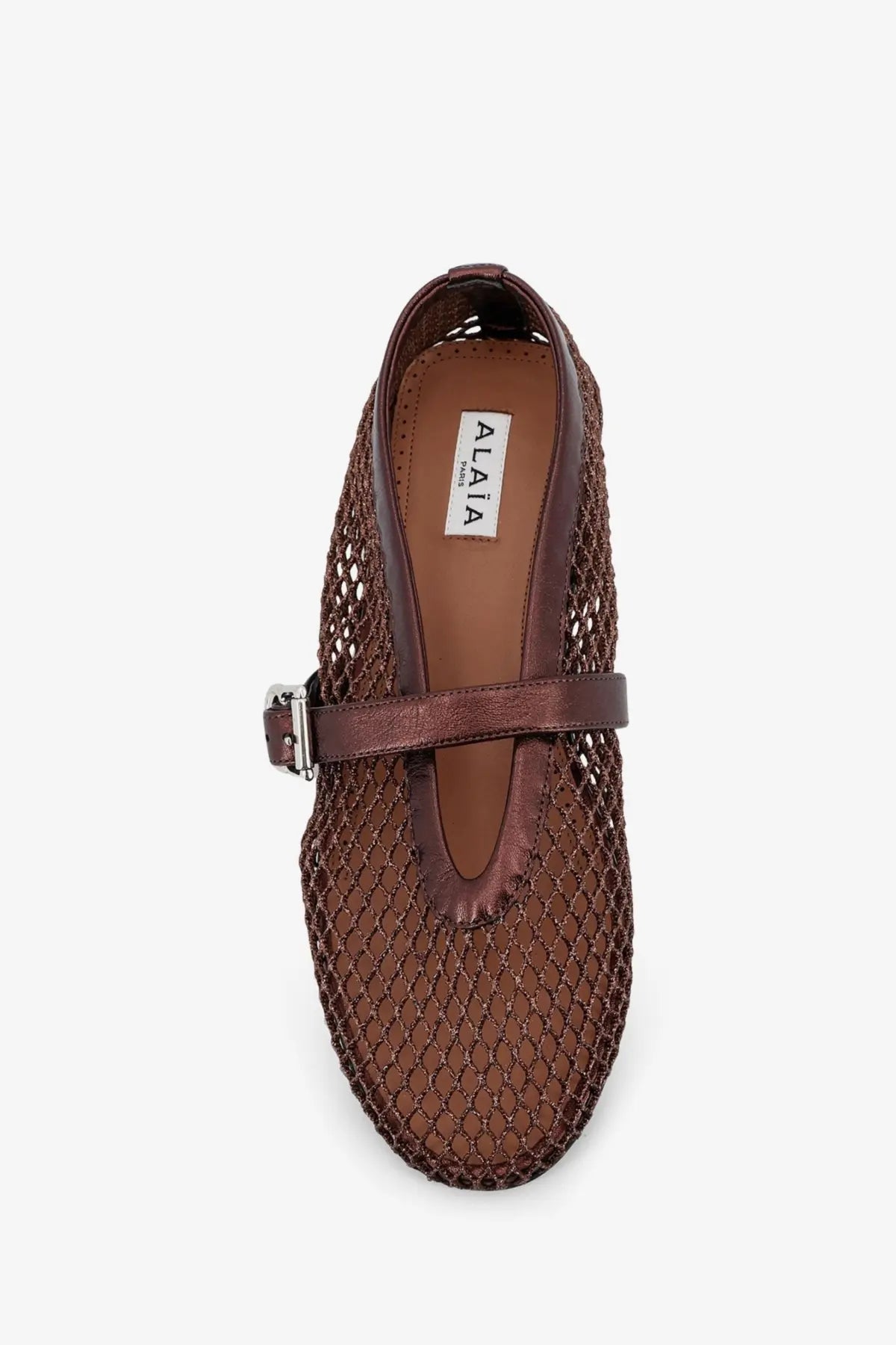 Alaïa women’s ballet flat in bronze mesh and brown woven leather with metallic buckle mary jane design