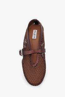 Alaïa women’s ballet flat in bronze mesh and brown woven leather with metallic buckle mary jane design