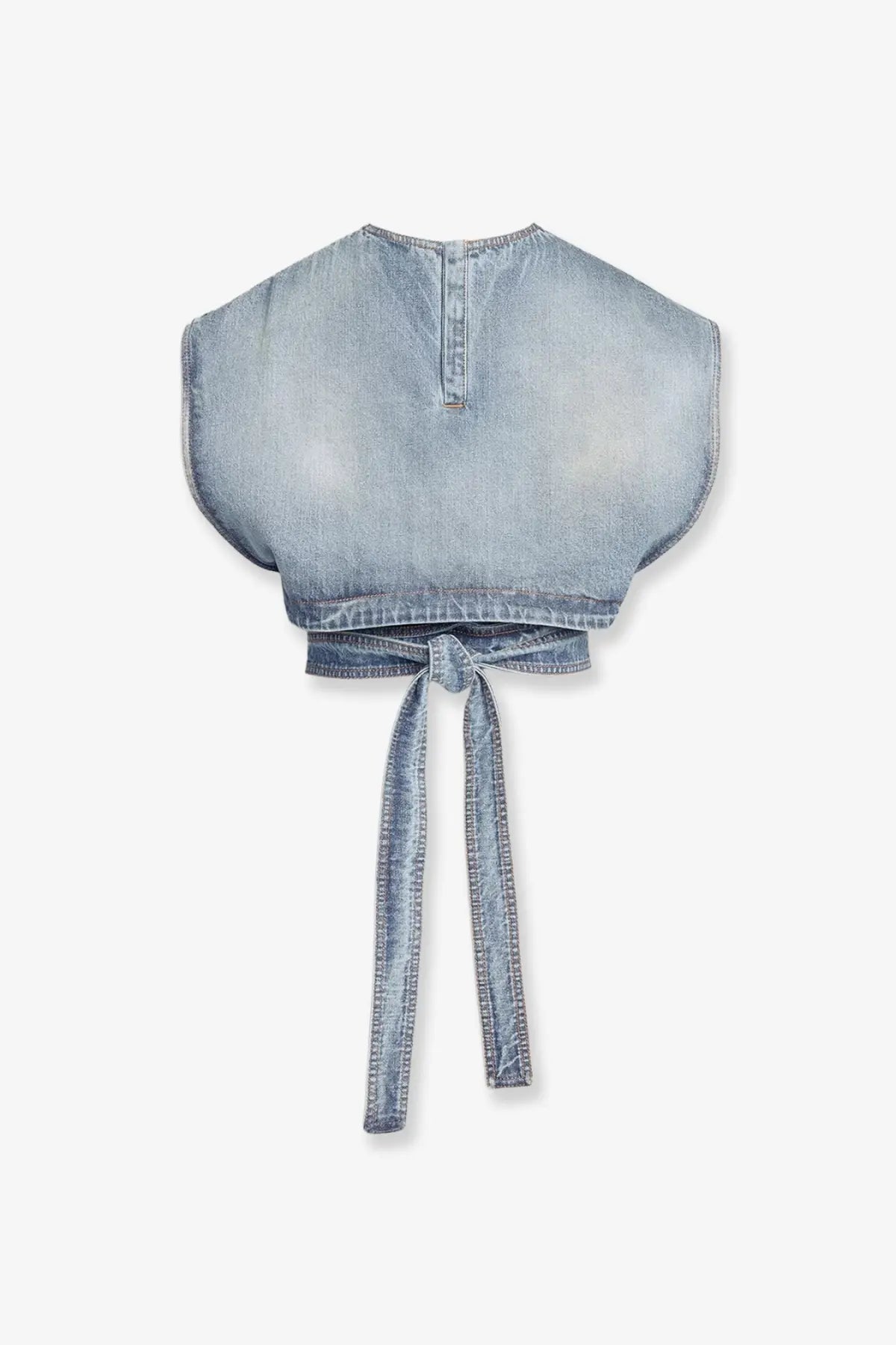 Alaïa women’s light-wash denim crop top with relaxed fit and tie-side waistband in blue