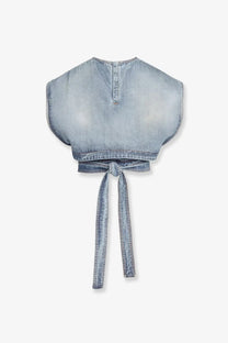 Alaïa women’s light-wash denim crop top with relaxed fit and tie-side waistband in blue