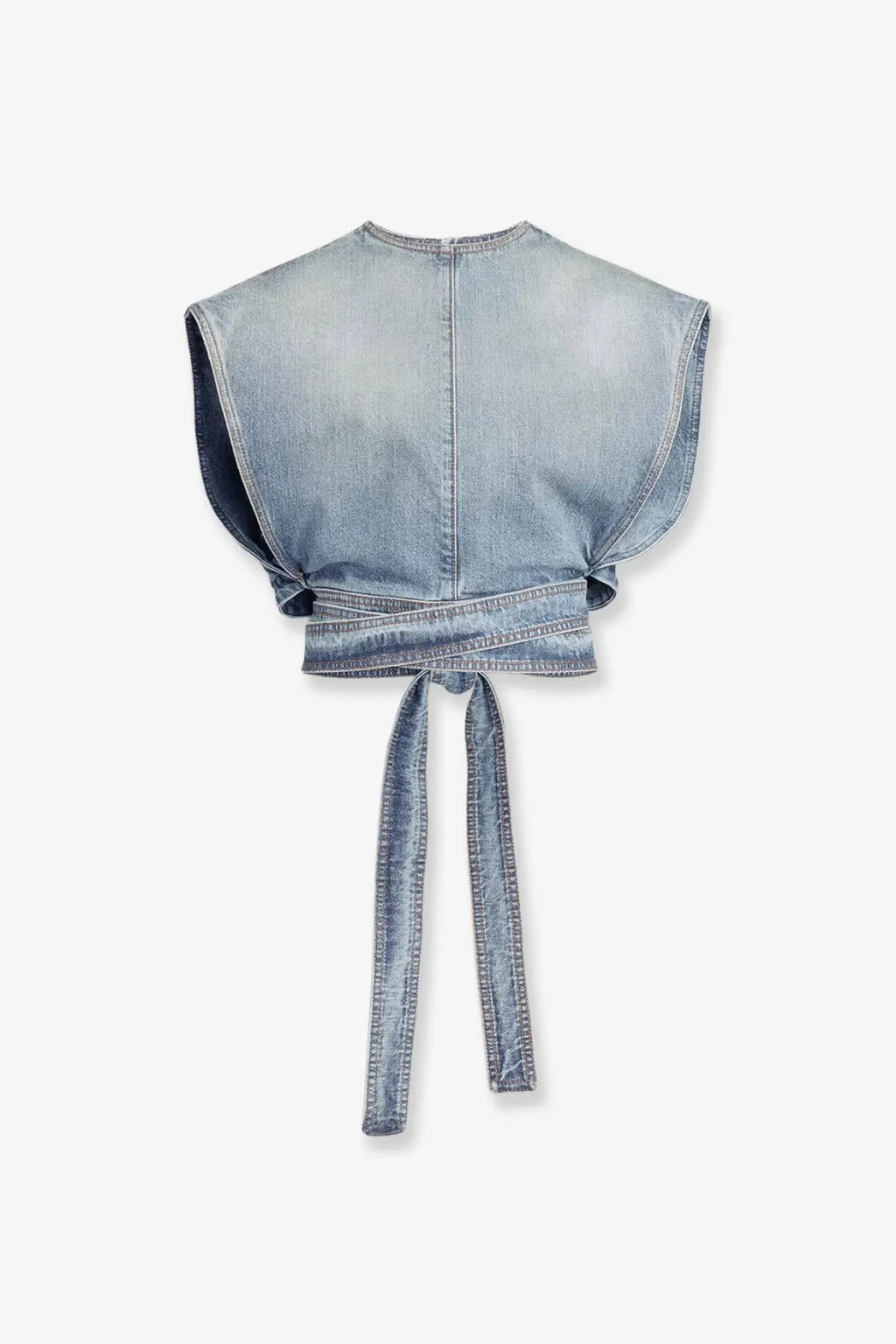 Alaïa women’s light-wash blue denim crop top with wide sleeveless shoulders and a self-tie belt at the waist