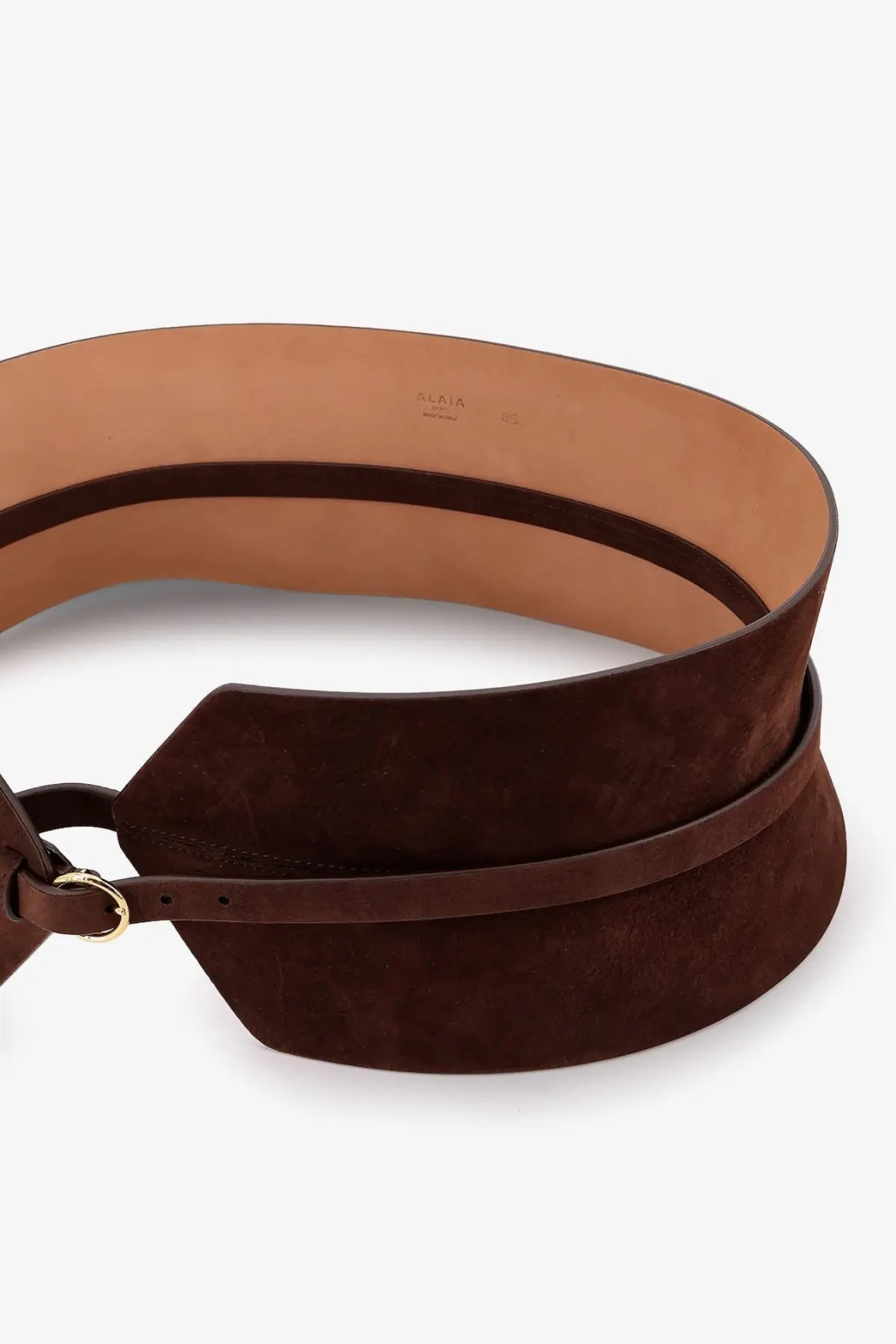 Alaïa women’s bustier suede belt in rich brown with minimalist design and gold-toned buckle