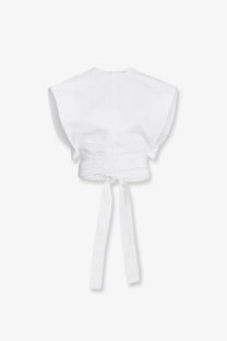 Alaïa women’s white cotton cropped blouse with wide soft shoulder sleeves and tied waistband belt fit top