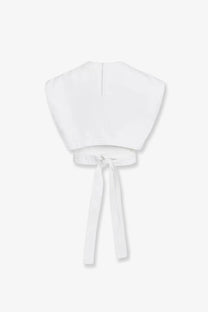 Alaïa women’s white cotton cropped top with wide structured collar and matching tie belt at the waist