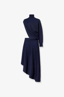 Alaïa women’s navy blue asymmetrical knit dress with high neck long sleeves in cut out virgin wool material