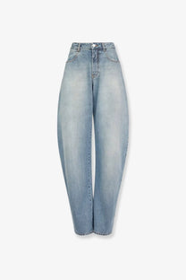 ALAÏA women’s faded blue high-rise wide-leg light-wash denim jeans with classic five-pocket design