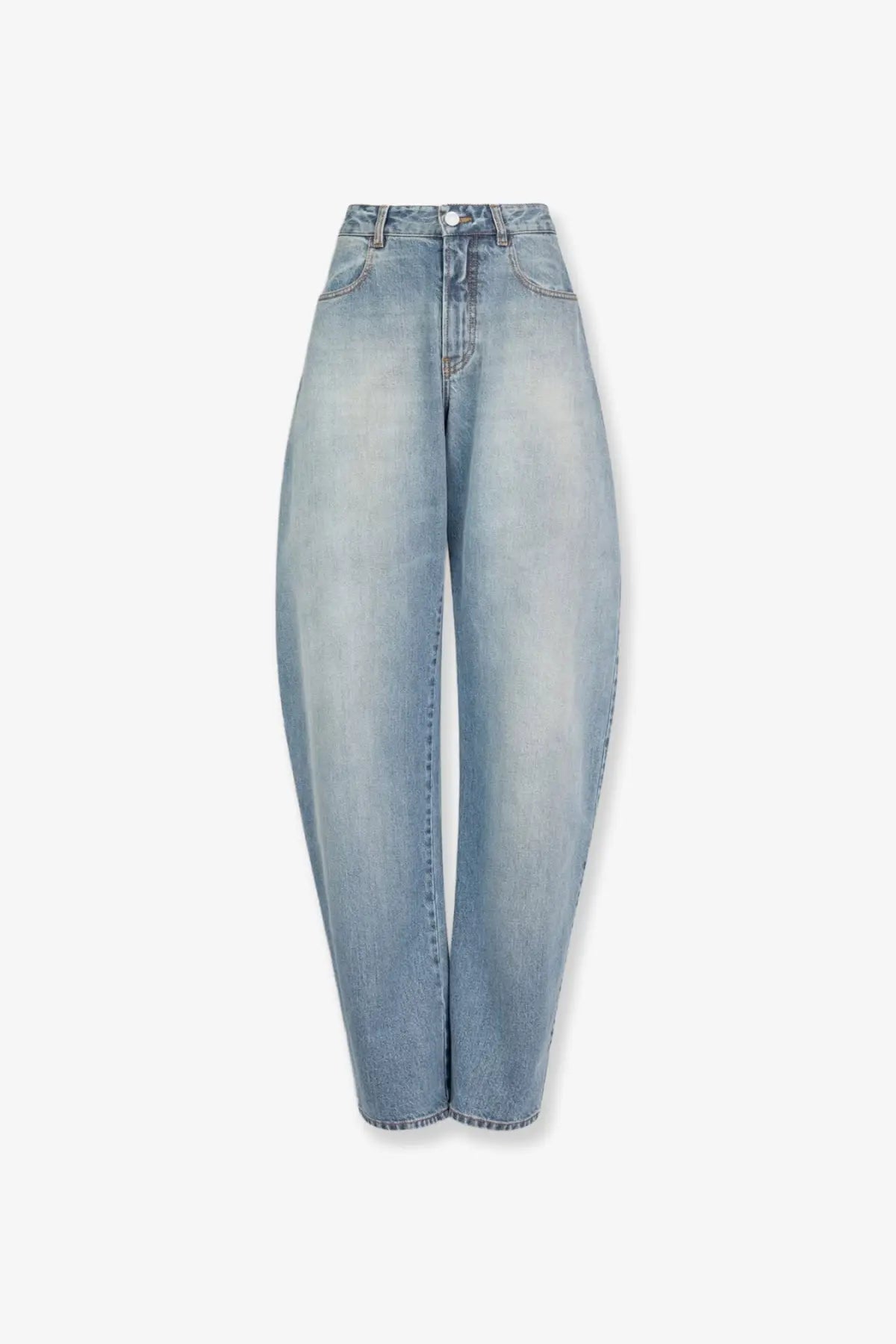 Alaïa women’s faded blue light-wash denim jeans with high-rise wide-leg cut and classic five-pocket design