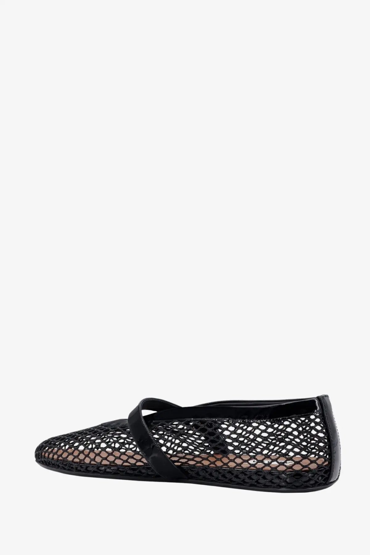 Alaïa women’s fishnet ballerinas black featuring black mesh with a glossy patent leather strap and heel