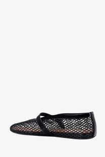 Alaïa women’s fishnet ballerinas black featuring black mesh with a glossy patent leather strap and heel