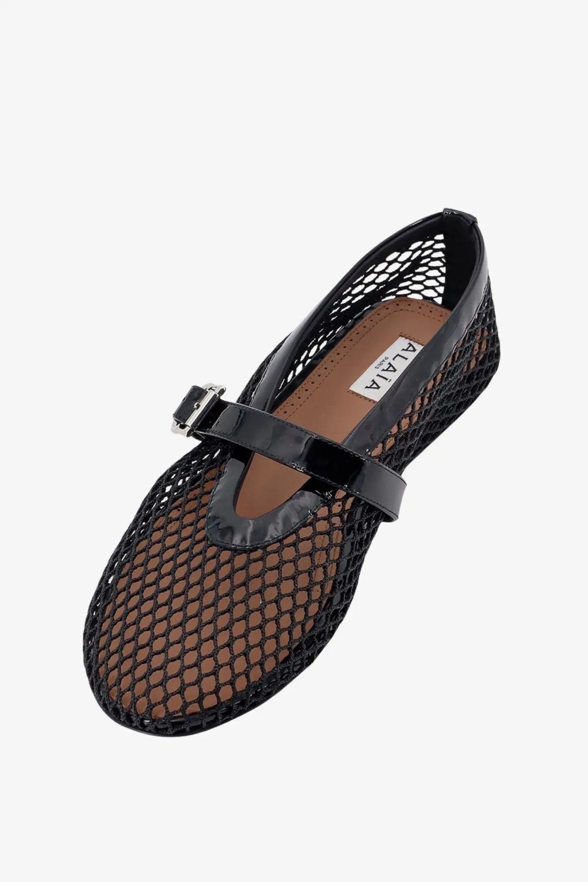 Alaïa women’s black fishnet mary jane flat shoe with glossy patent leather strap and buckle