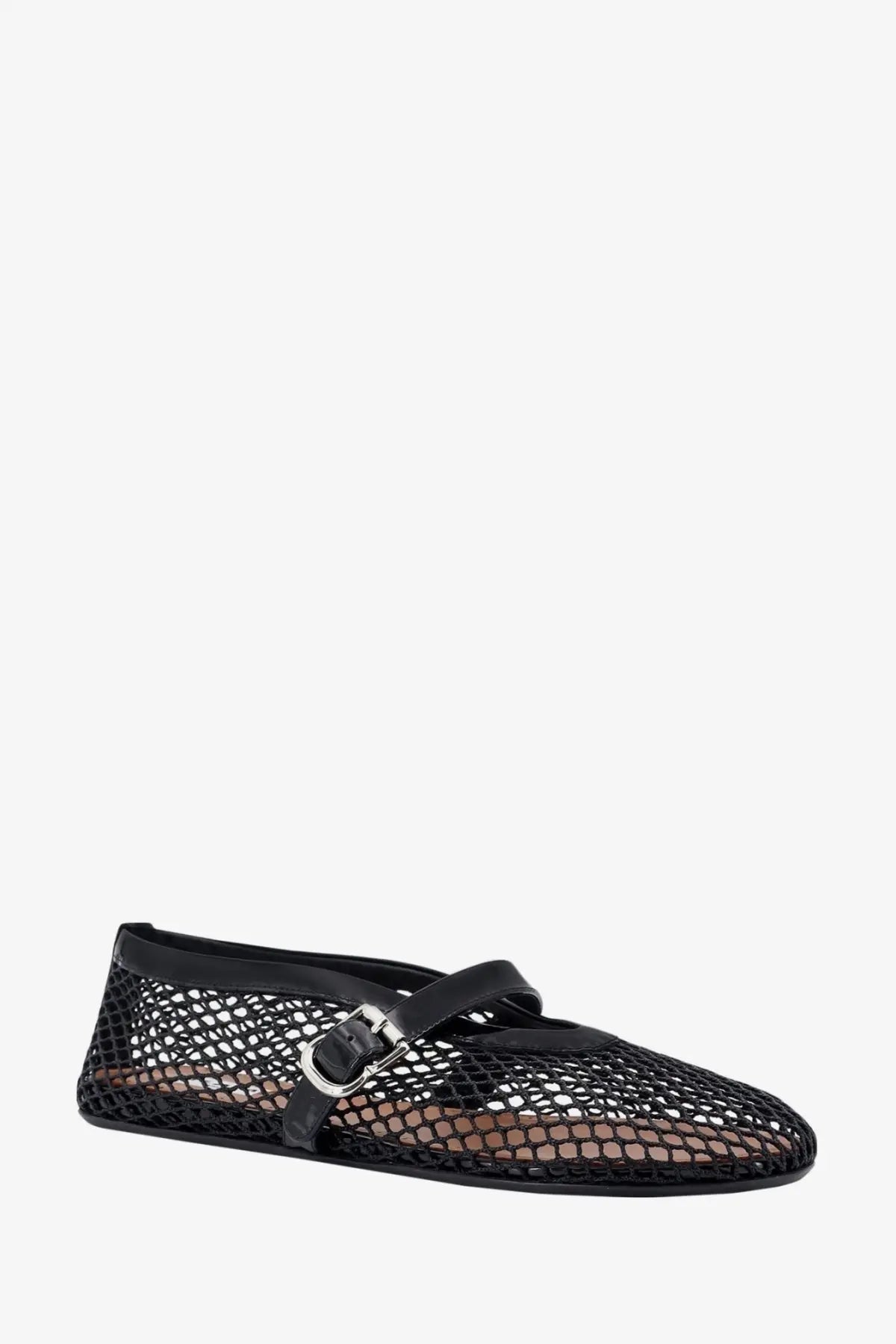 Alaïa women’s fishnet ballerinas black mesh mary jane flat shoe with black leather strap and silver buckle