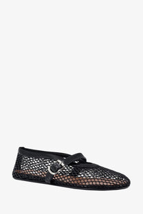 Alaïa women’s fishnet ballerinas black mesh mary jane flat shoe with black leather strap and silver buckle