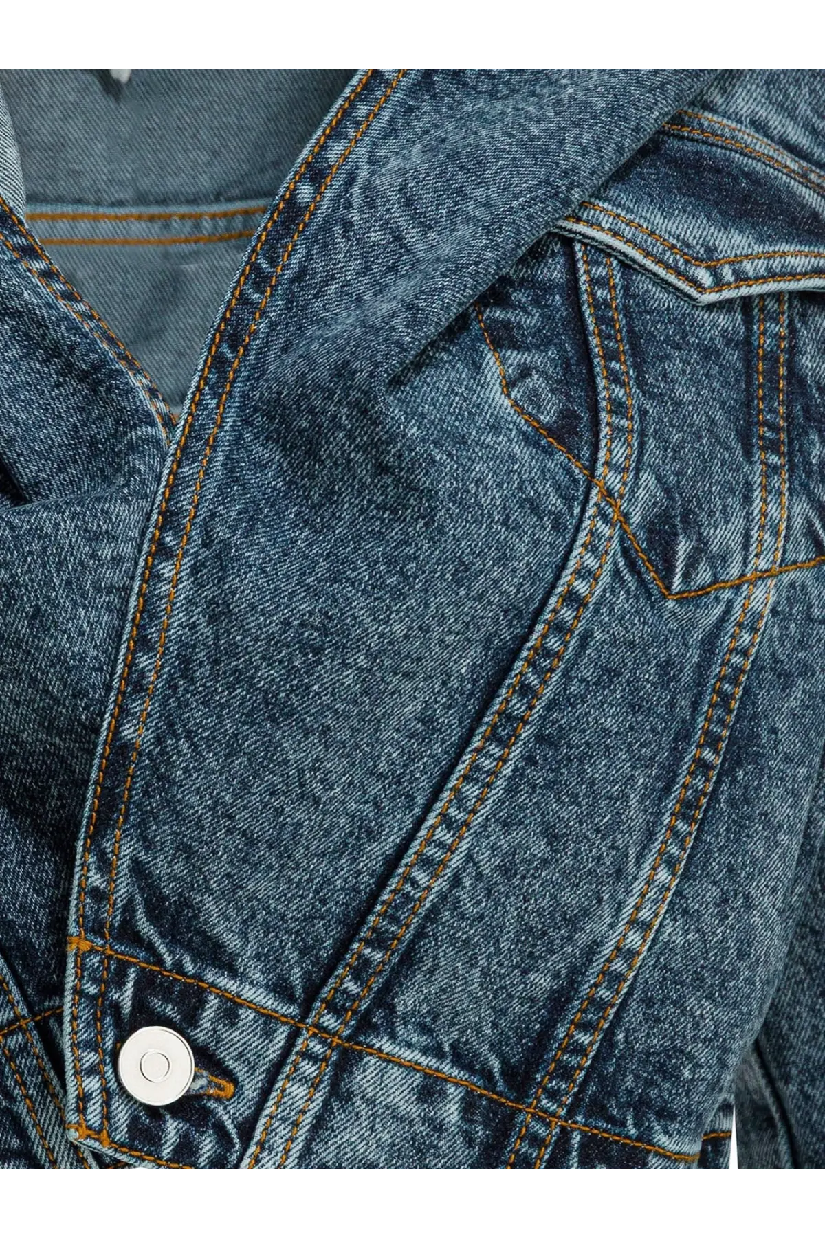 Alaïa women’s hooded blue denim jacket with brown stitching and white button detailing