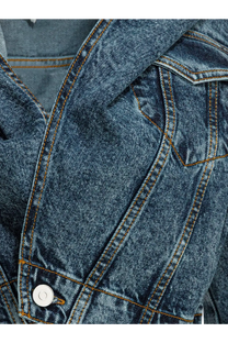 Alaïa women’s hooded blue denim jacket with brown stitching and white button detailing