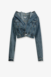 Alaïa women’s blue cropped denim jacket with hood medium wash and classic stitching details