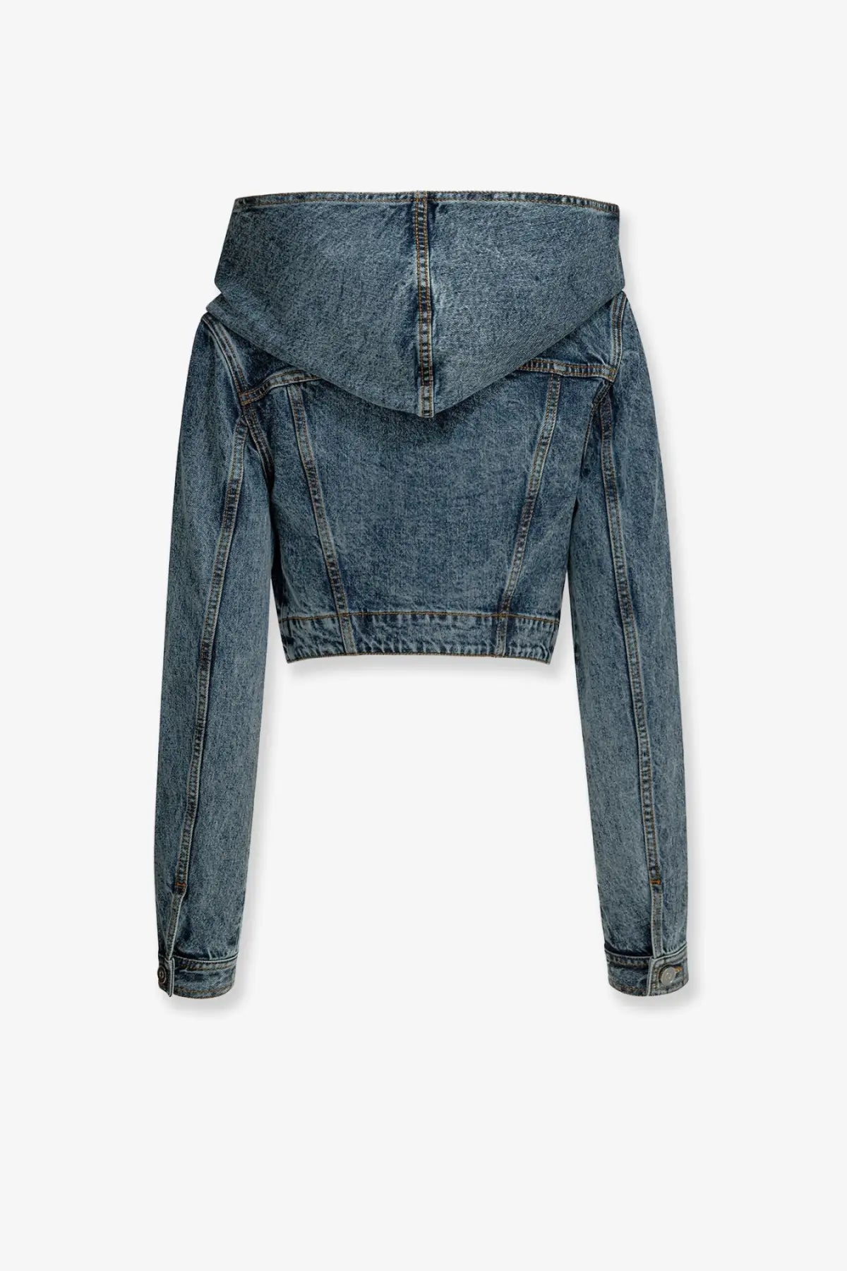 Alaïa women’s blue hooded denim jacket with cropped length and classic denim material for casual wear