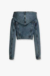 Alaïa women’s blue hooded denim jacket with cropped length and classic denim material for casual wear