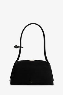 Black Alaïa women’s le bouledogue nubuck shoulder bag with sleek minimalist design and curved top handle