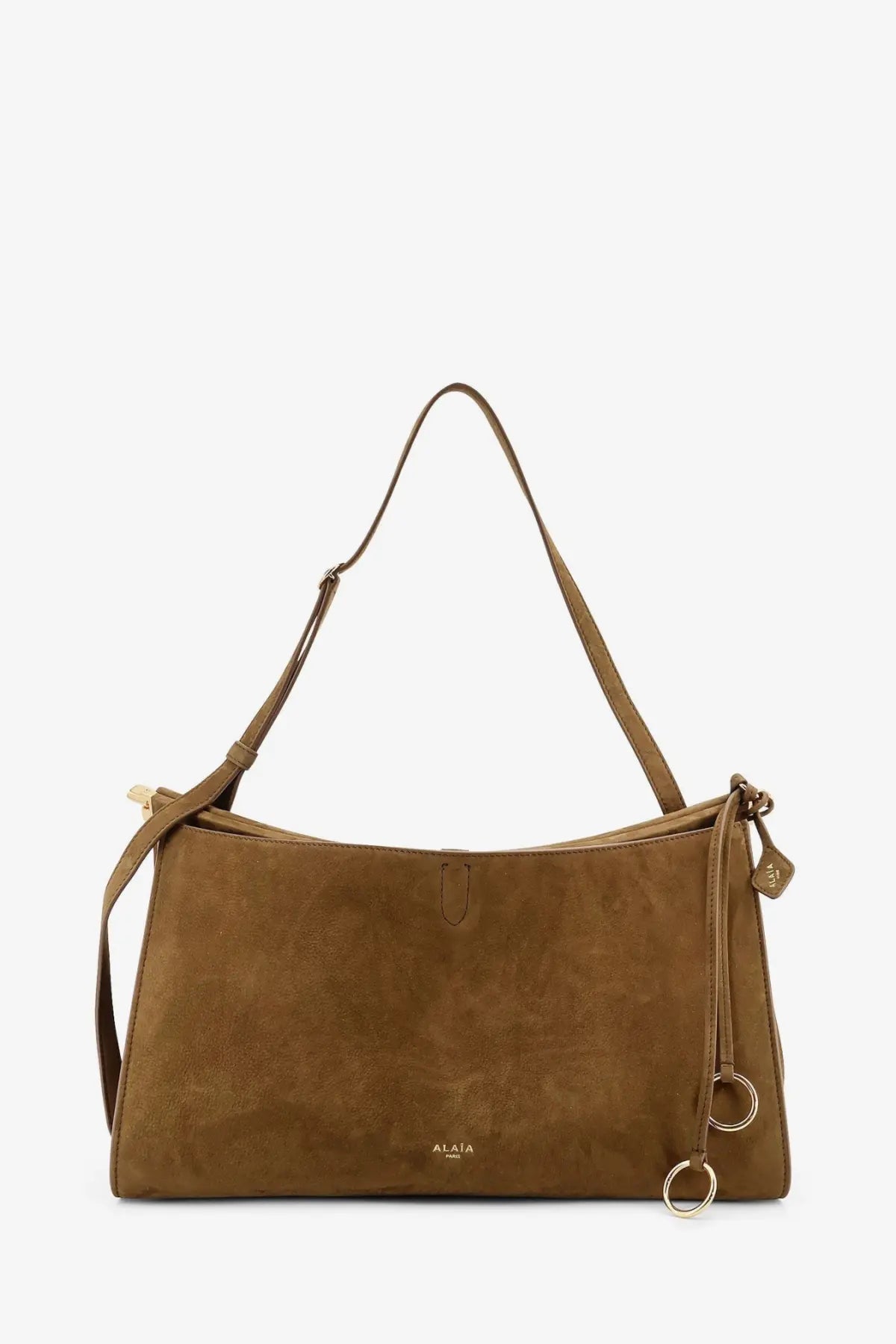 Alaïa women’s green nabuck shoulder bag with taupe suede single strap and gold-tone hardware accents