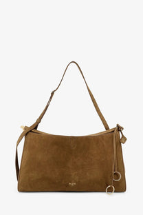 Alaïa women’s green nabuck shoulder bag with taupe suede single strap and gold-tone hardware accents
