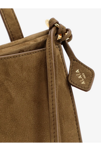 Alaïa women’s le click pocket nabuck shoulder bag green taupe suede tote with gold-tone zipper and alia paris leather tag
