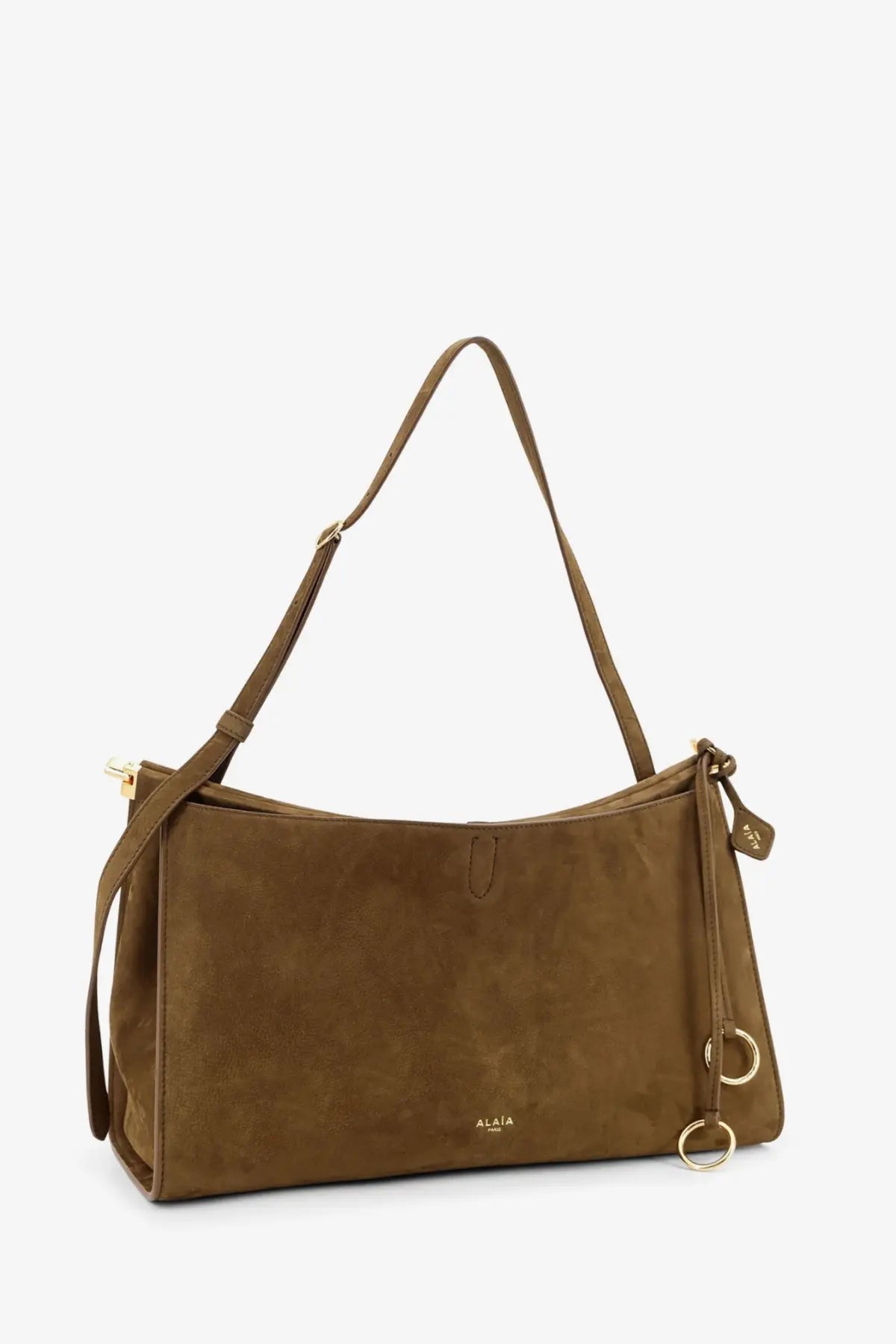 Alaïa women’s le click pocket nabuck shoulder bag in taupe suede with gold hardware and minimalist design