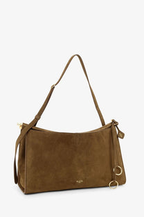 Alaïa women’s le click pocket nabuck shoulder bag in taupe suede with gold hardware and minimalist design