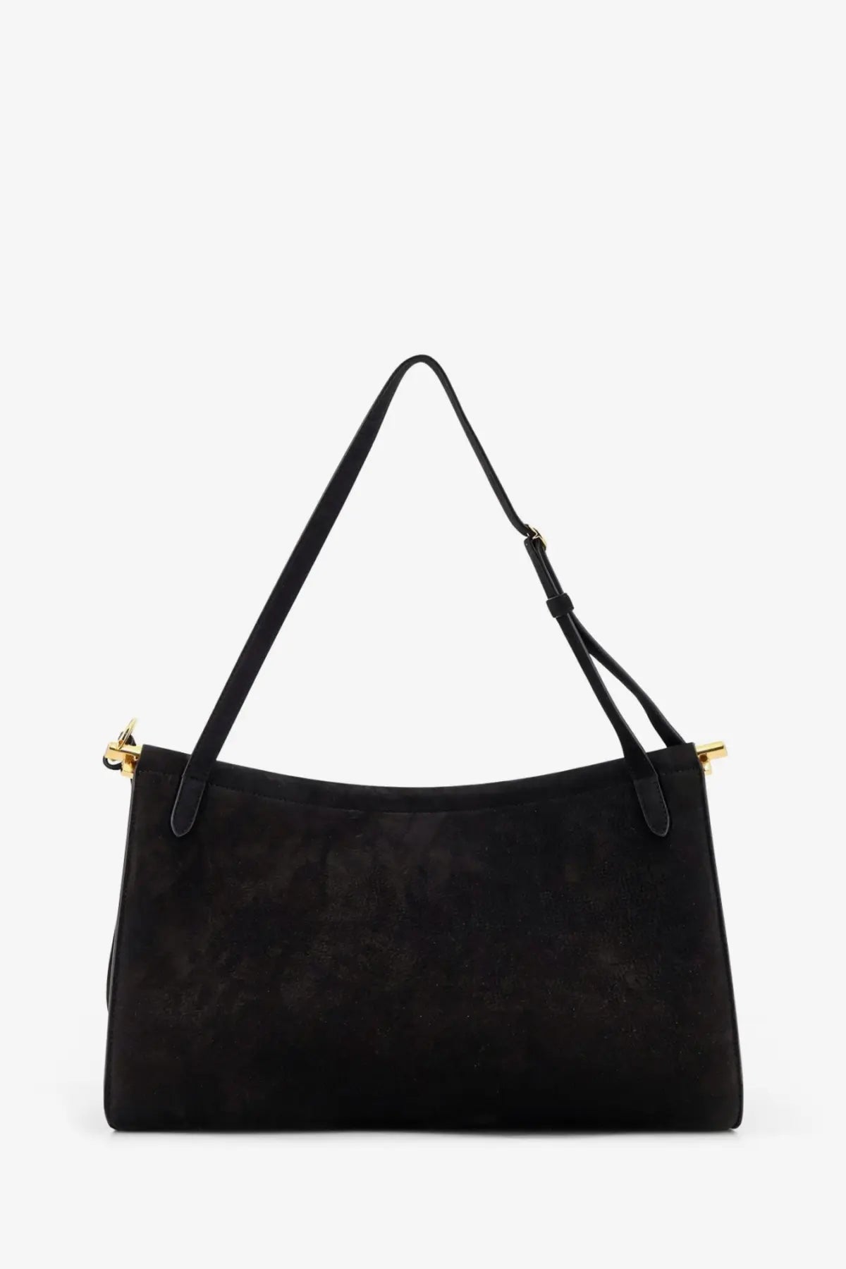 Alaïa women’s le click pocket black shoulder bag in black suede with gold-tone hardware and adjustable strap