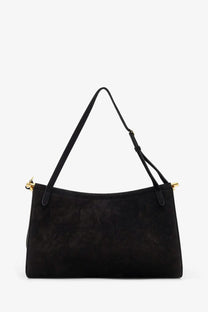 Alaïa women’s le click pocket black shoulder bag in black suede with gold-tone hardware and adjustable strap