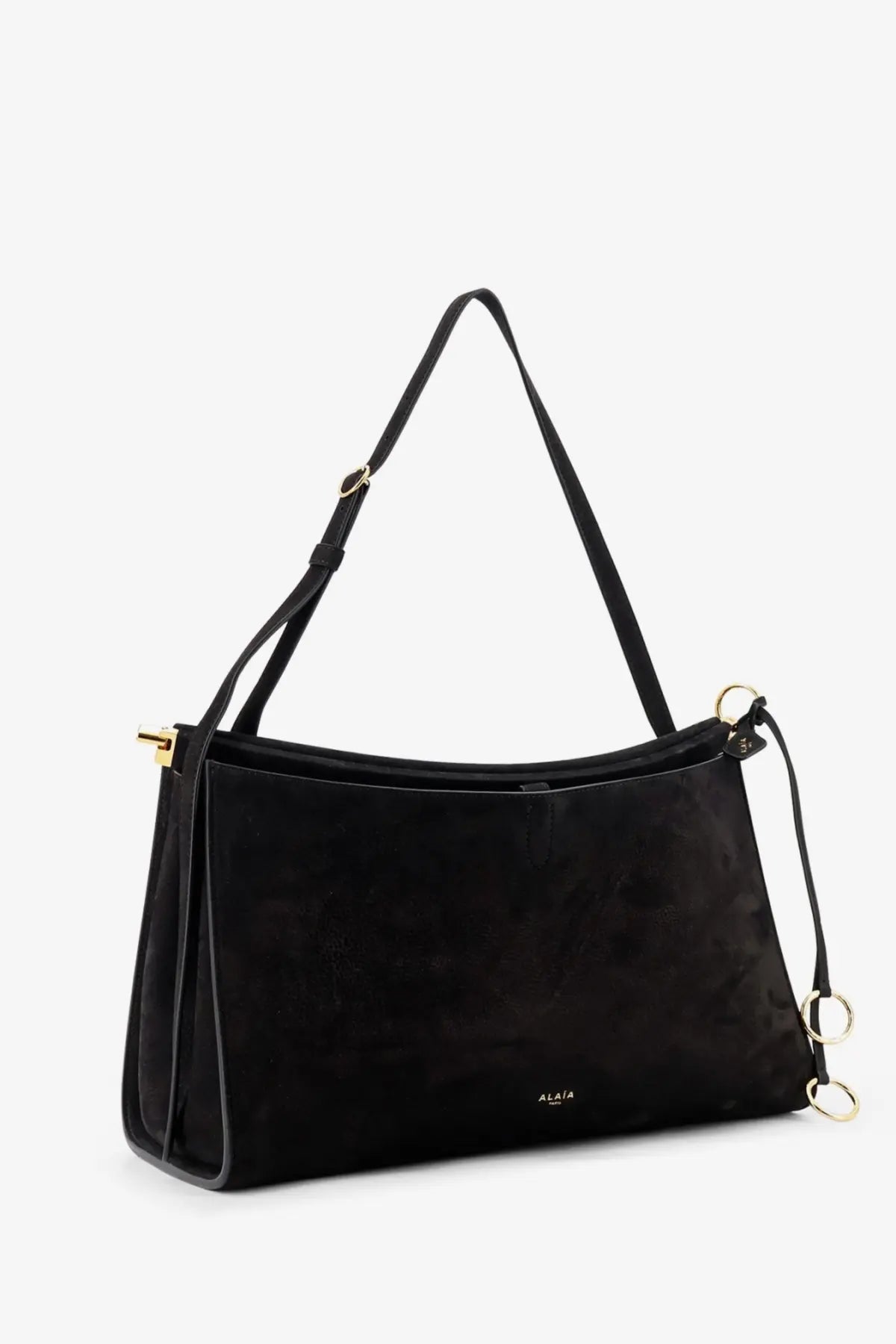 Alaïa women’s le click pocket nabuk shoulder bag in black suede with gold-tone hardware and detachable strap