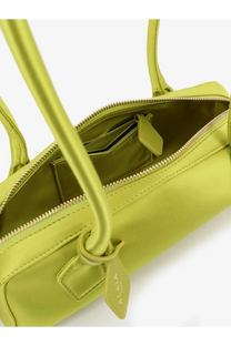 Alaïa women’s le teckel satin shoulder bag green with sleek lime green leather handles and gold-toned zipper lining