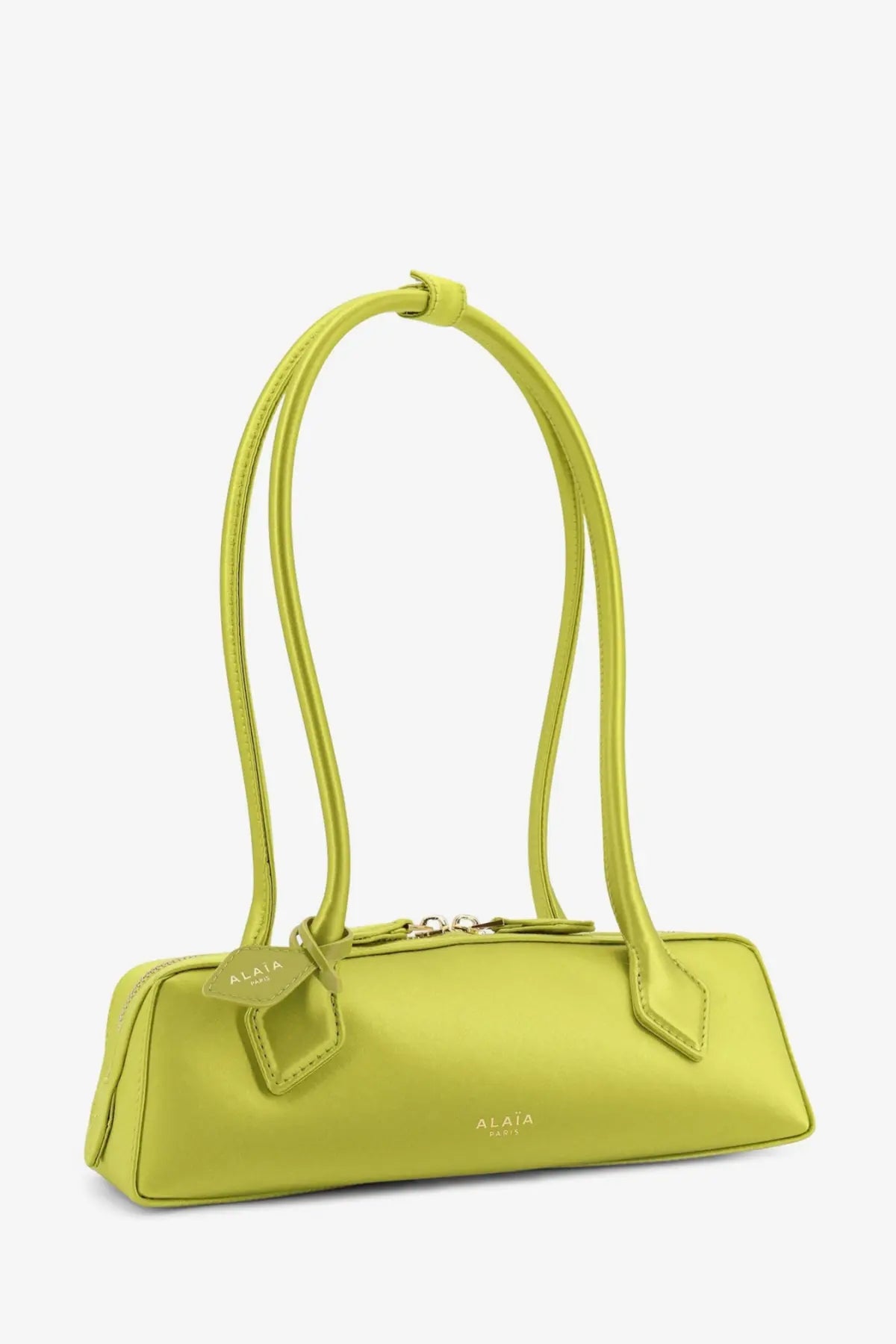 Alaïa women’s le teckel satin shoulder bag in sleek lime green leather with slender handles and minimalist design