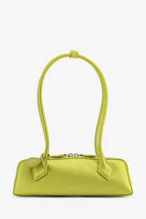 Alaïa women’s le teckel satin shoulder bag green featuring a sleek lime green leather body with minimalist design and curved handles