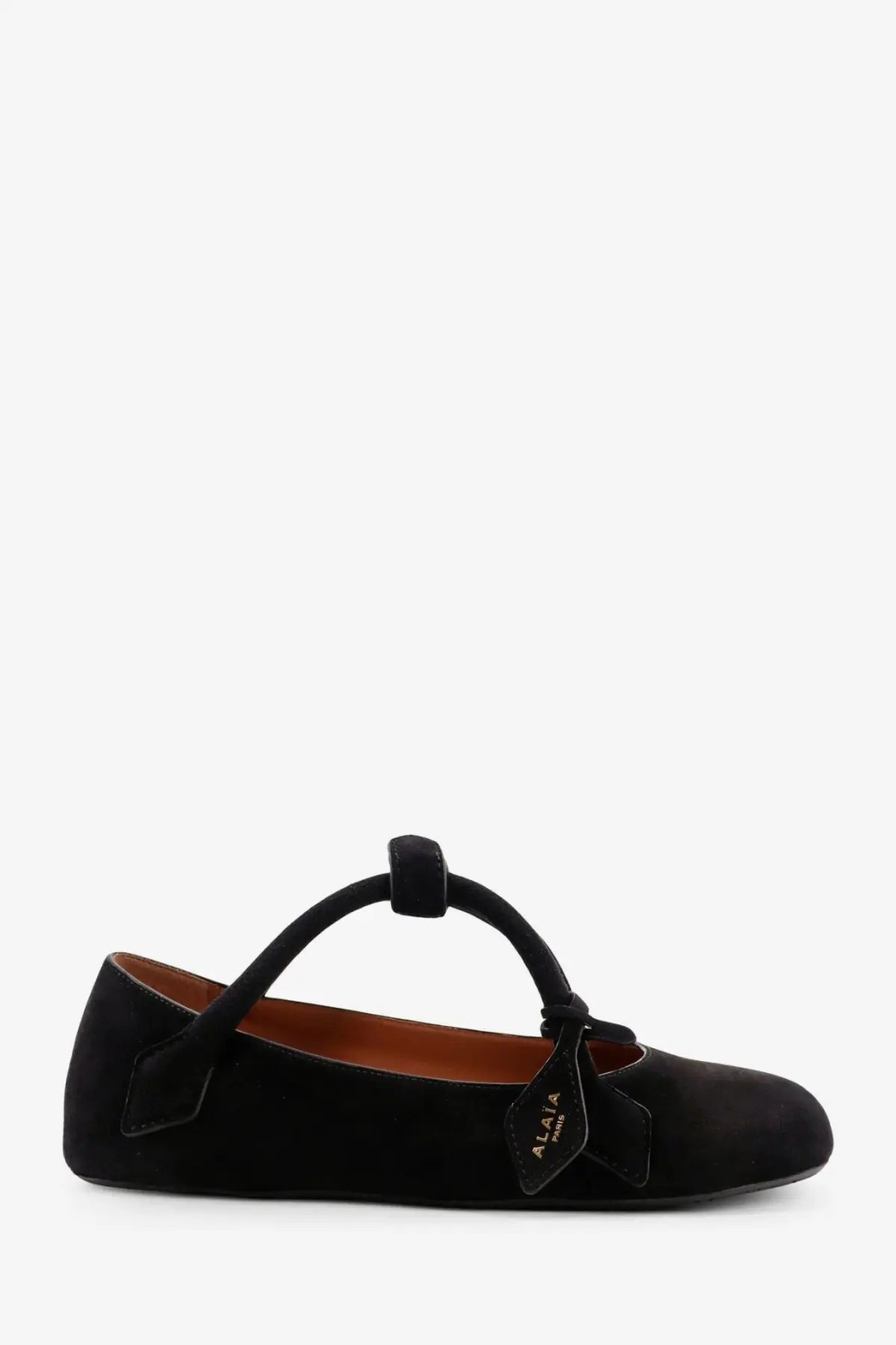 Alaïa women’s le teckel black suede mary jane flat shoe with t-strap and small branded side tag